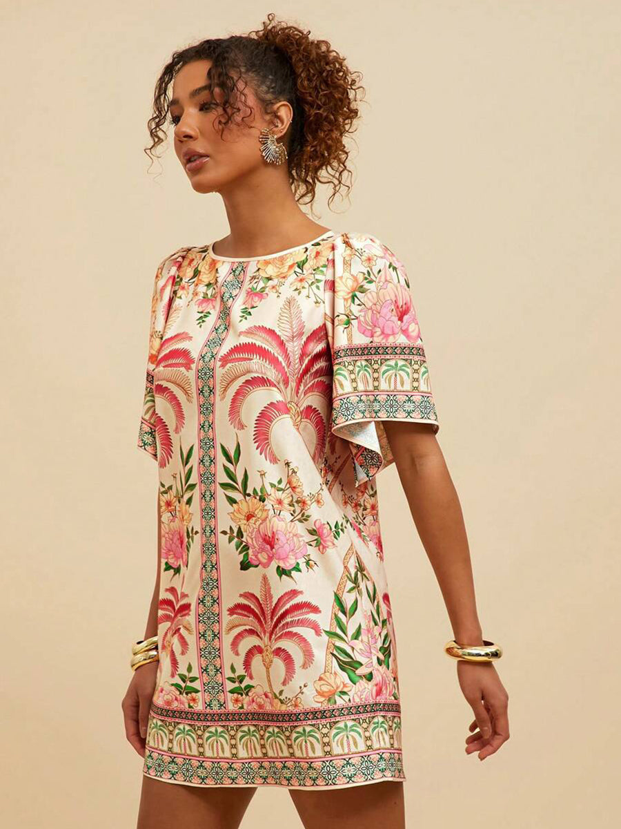 Tropical Print Short Sleeve Mini Vacation Dress YF25528