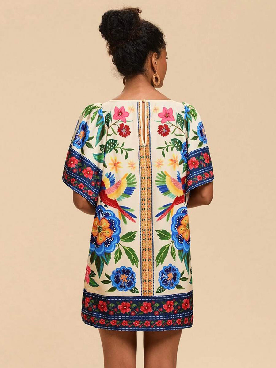 Tropical Print Short Sleeve Mini Vacation Dress YF25528