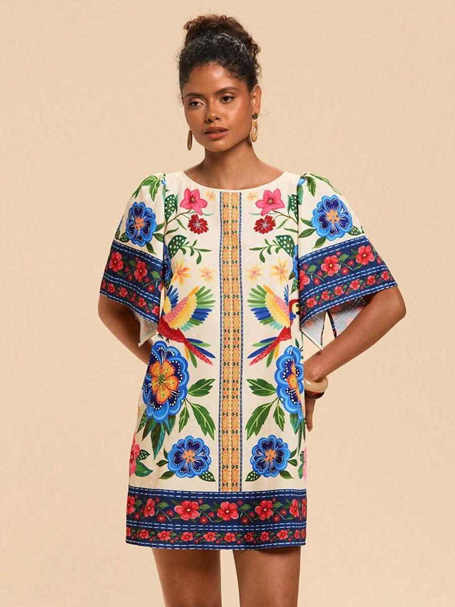 Tropical Print Short Sleeve Mini Vacation Dress YF25528