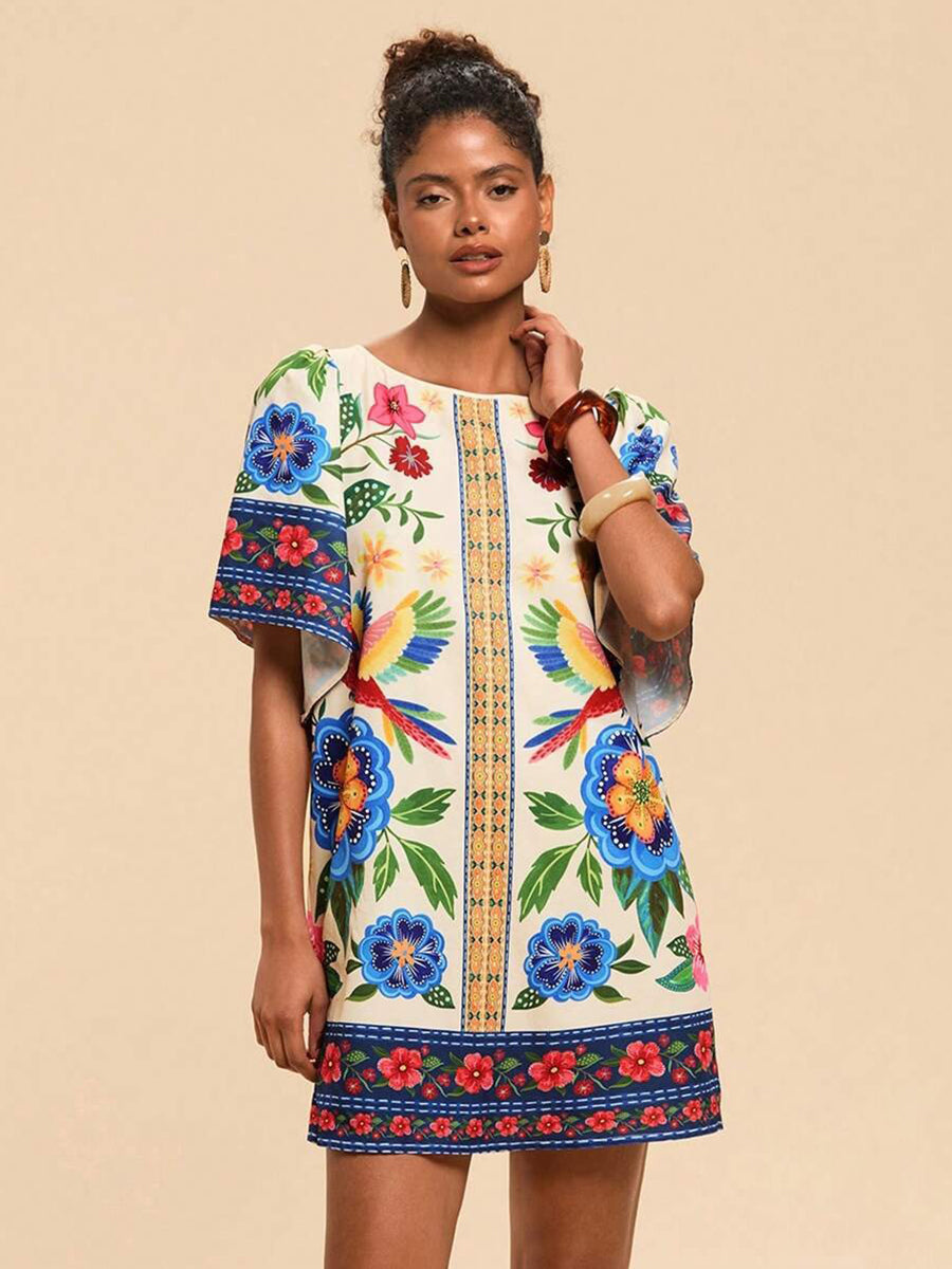 Tropical Print Short Sleeve Mini Vacation Dress YF25528