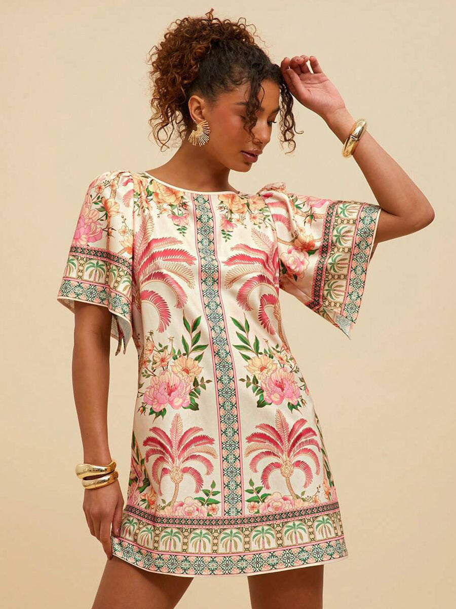 Tropical Print Short Sleeve Mini Vacation Dress YF25528