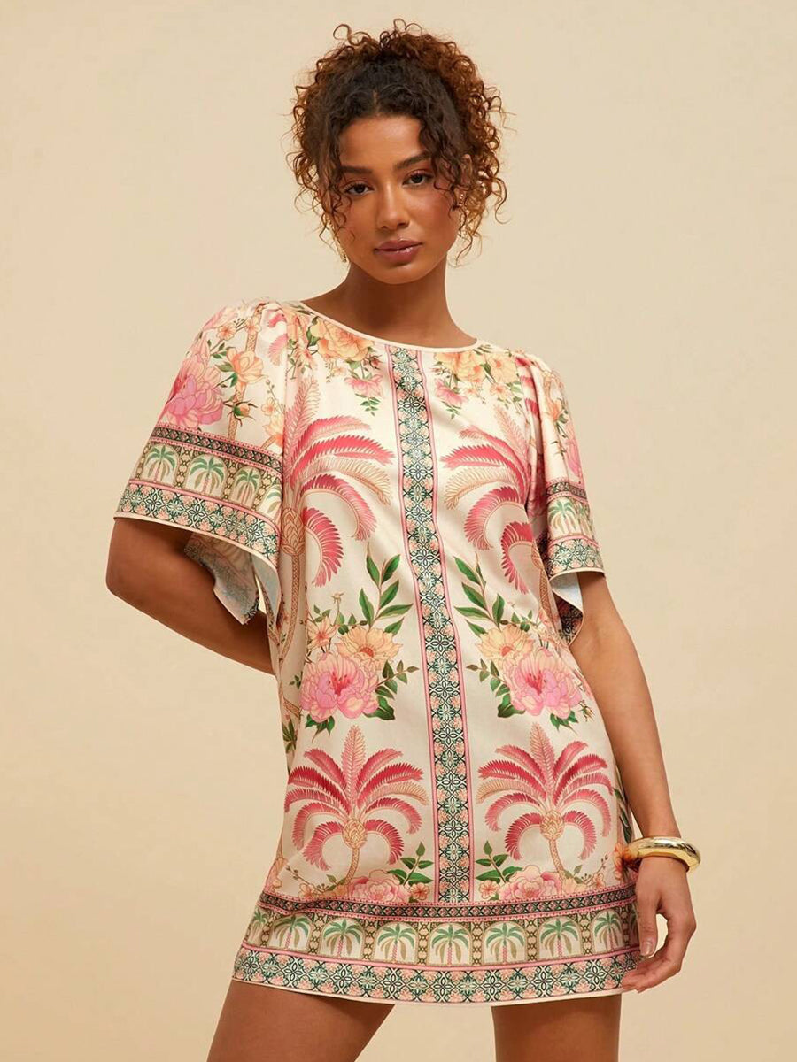 Tropical Print Short Sleeve Mini Vacation Dress YF25528
