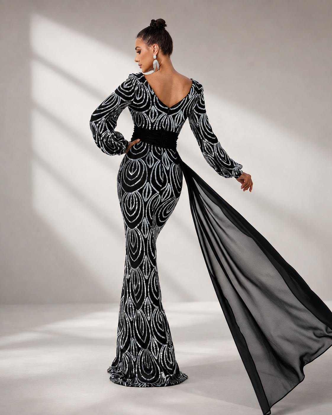 V-Neck Long Sleeve Draped Sequin Mermaid Prom Dress XJ1524
