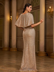 Puncho Back Puff Sleeve Sequin Evening Dress XH2266