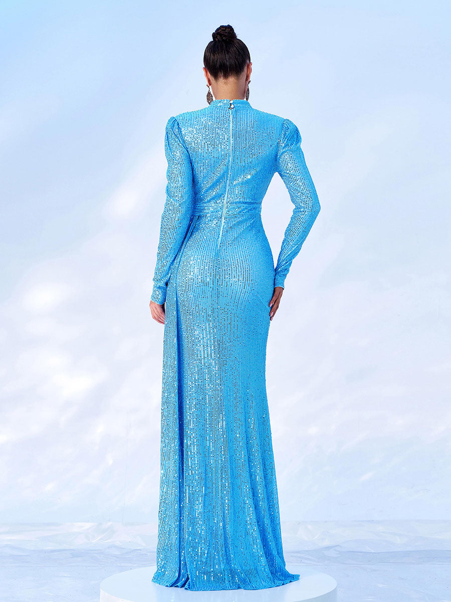 High Neck Long Sleeve Draped Sequin Maxi Evening Dress RJ11834