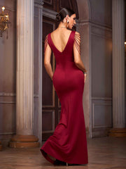 Burgundy Sequin Chain Sleeve V-Neck Formal Dress XFR51023