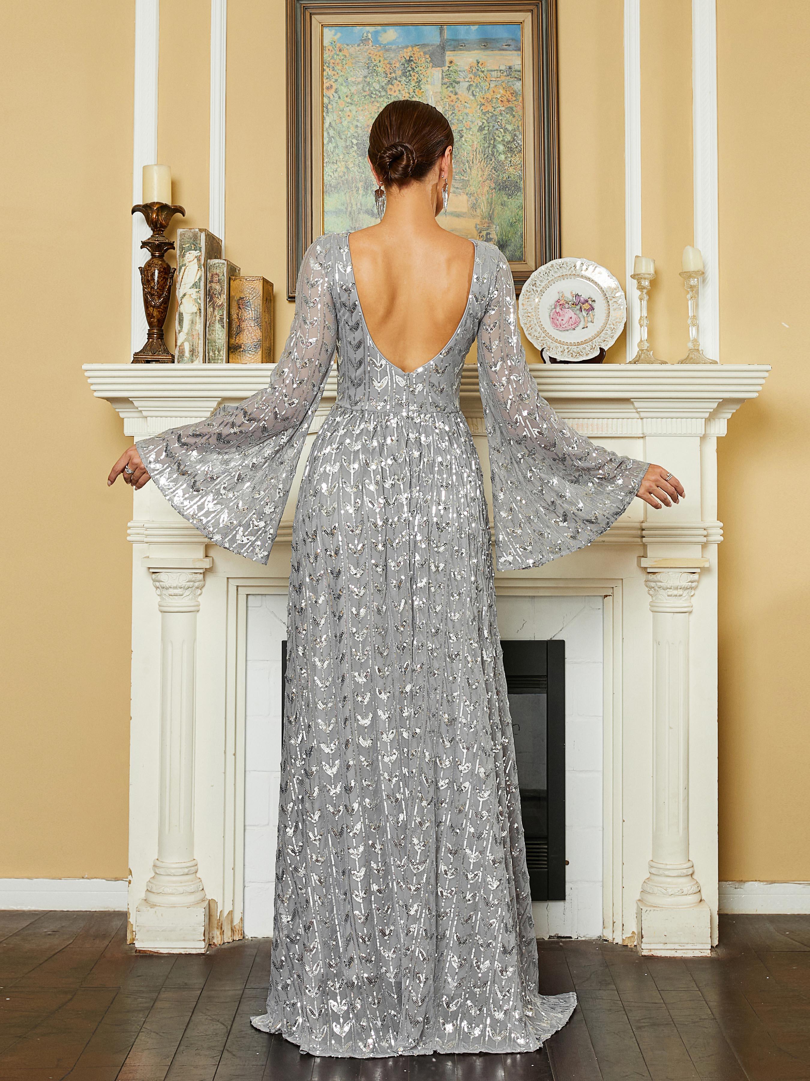 Silver Sequin Bell Sleeve Backless Maxi Evening Dress RM20603