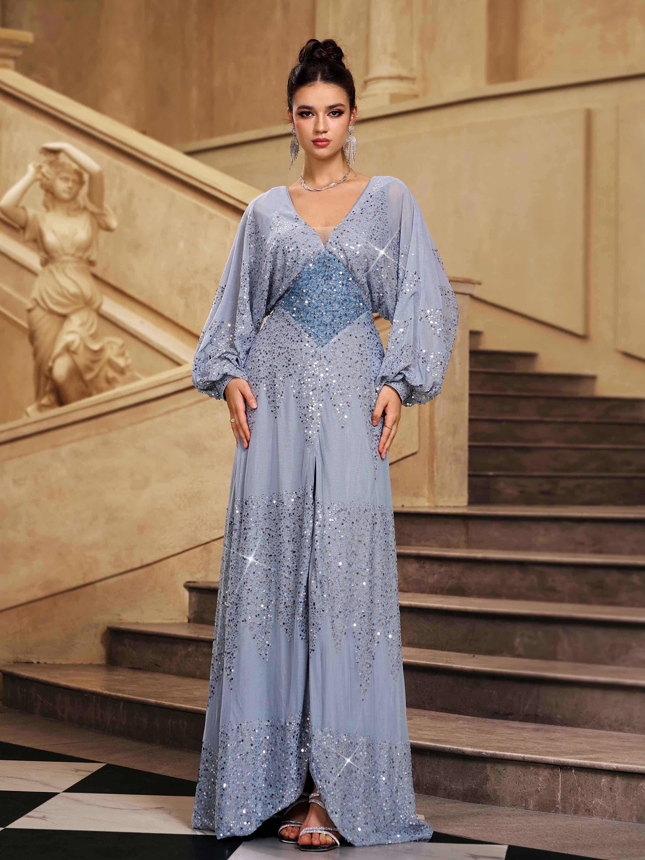 Lantern Sleeve V-Neck High Split Black Prom Dress RM21107