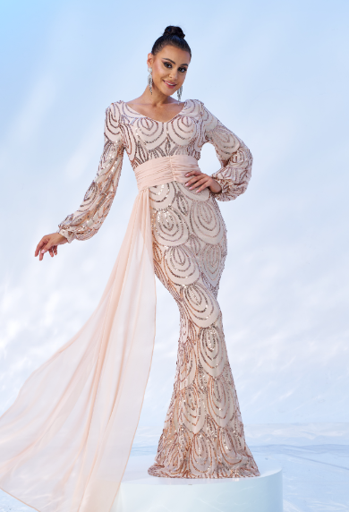 V-Neck Long Sleeve Draped Sequin Mermaid Prom Dress XJ1524