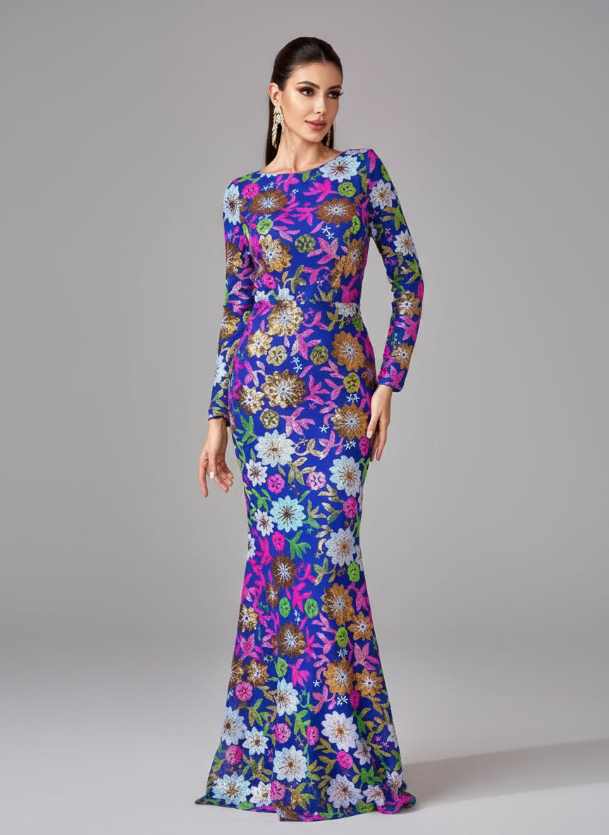 Crew Neck Floral Sequin Dress RJ10987