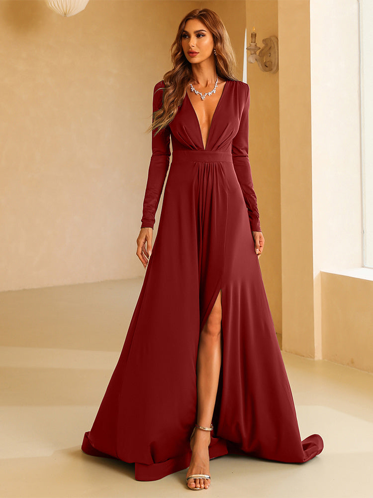 V Neck Long Sleeve A Line Maxi Evening Dress XH1221
