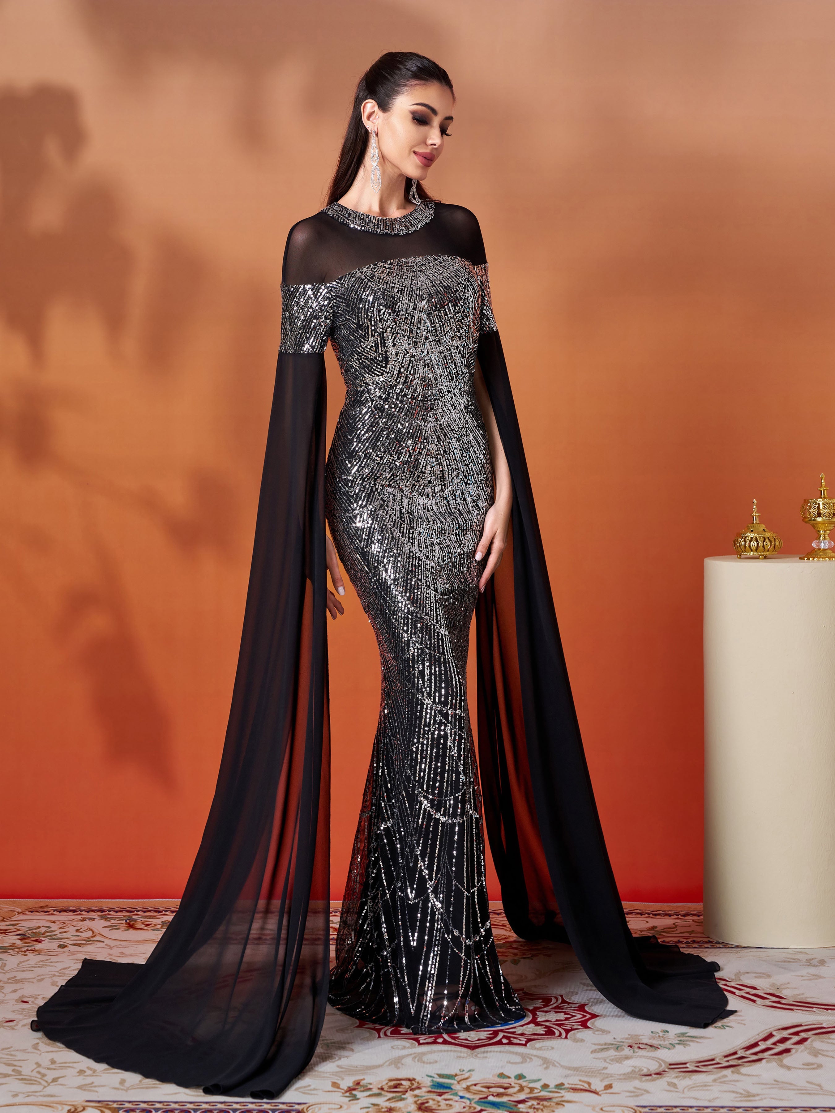 Black Sequin Cape Sleeve Elegant Evening Dress GM00706