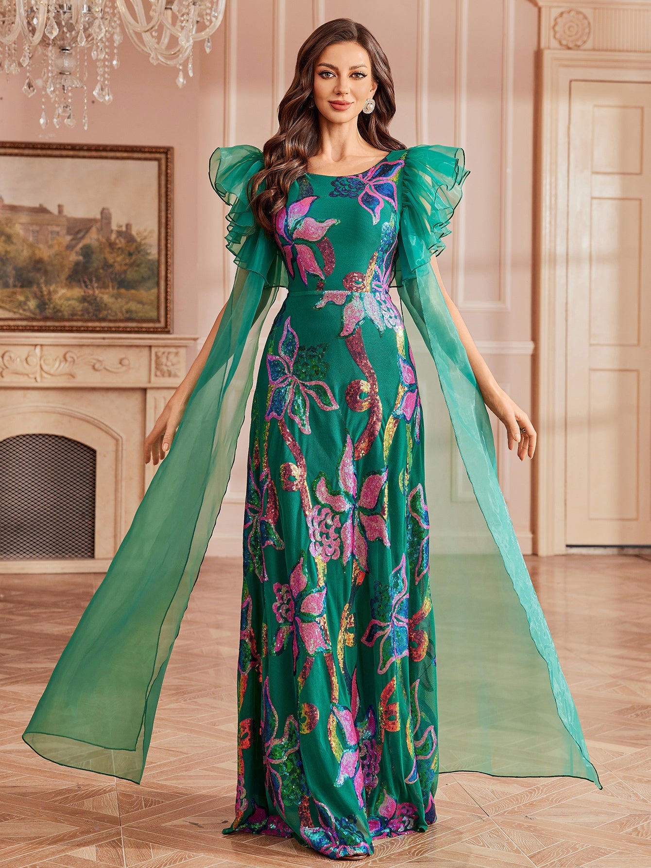 Green Floral Sequin Ruffled Mesh Prom Dress GM0122