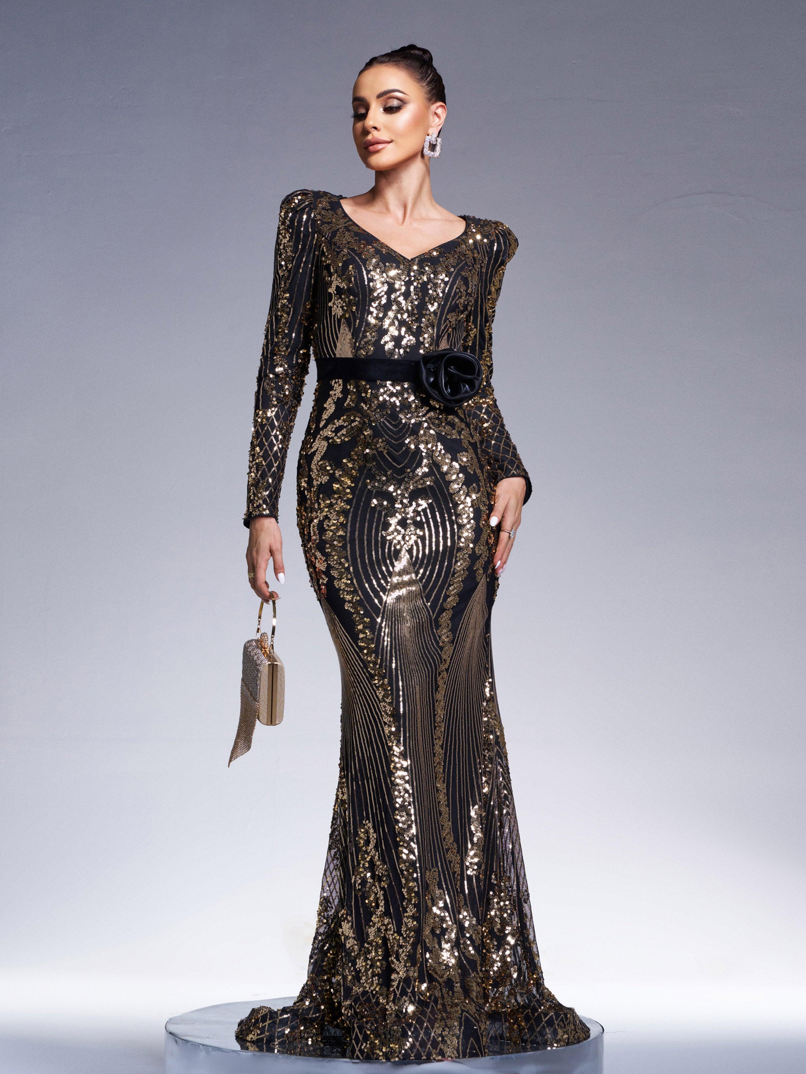 Black Long Sleeve Sequined V-neck Dress DH80240
