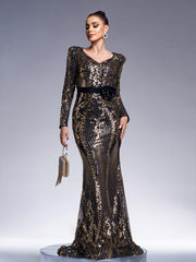 Black Long Sleeve Sequined V-neck Dress DH80240