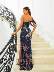 Elegant Feather Trim Sequin One-Shoulder Formal Dress M02324