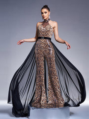 Backless Mesh Cape Leopard Jumpsuits DH80220