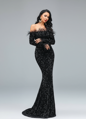 Off Shoulder Feather Sequin Evening Dress FT19005