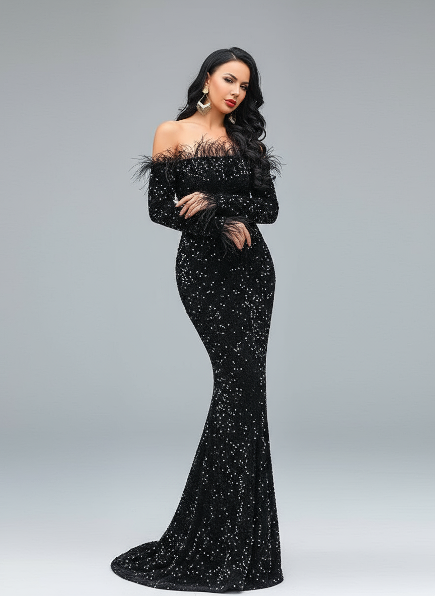 Off Shoulder Feather Sequin Evening Dress FT19005