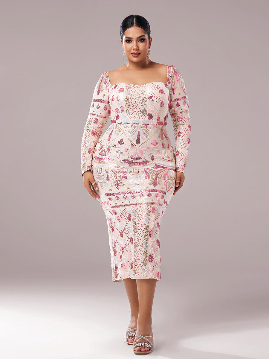 Plus Square Neck Sequin Split Midi Dress PRM20830