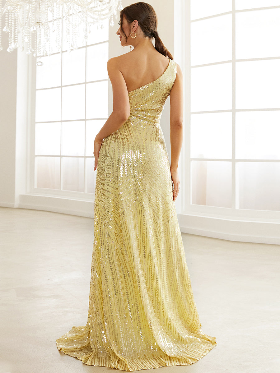 Yellow Sequin One Shoulder Prom Dress XJ1534
