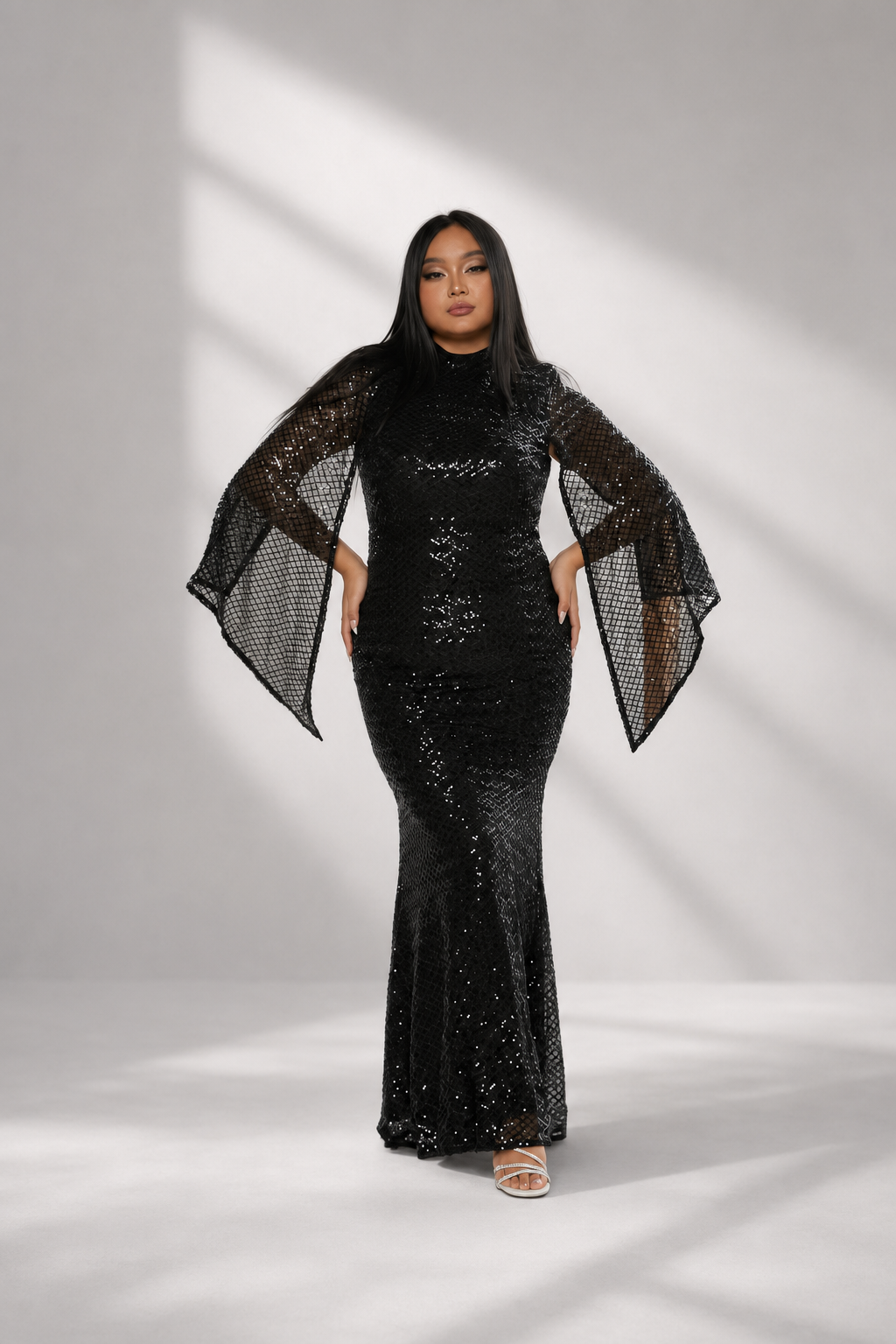 High Neck Sequin Bell Sleeve Mermaid Evening Dress XJ1263