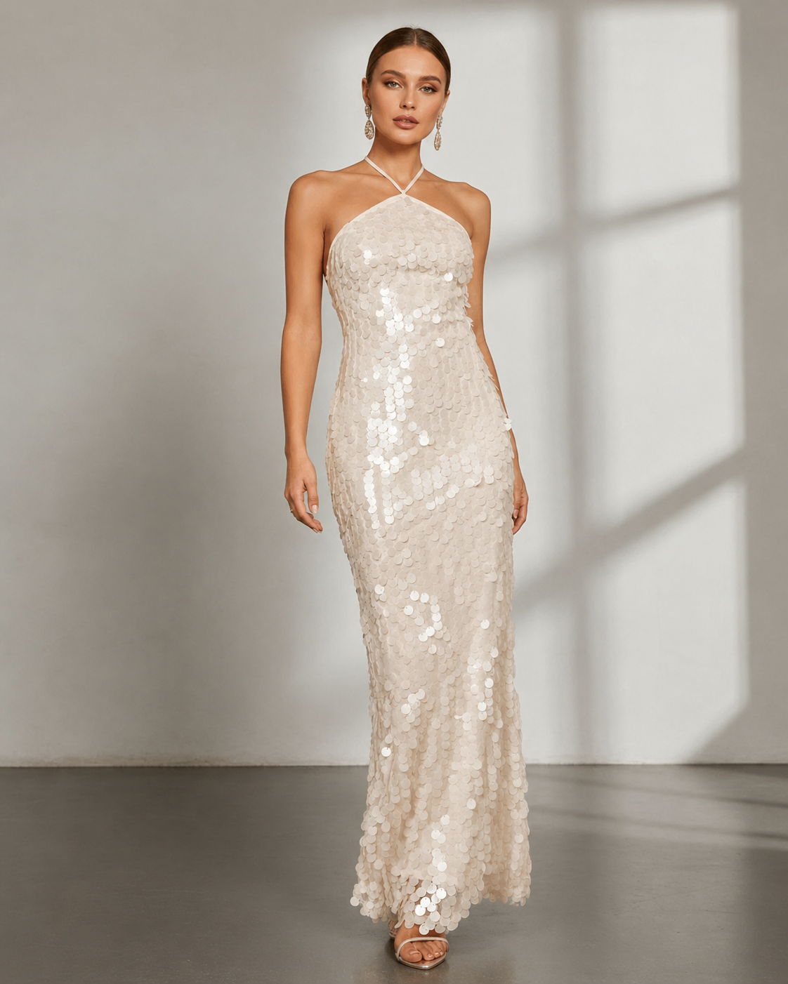 Ivory Sequin Halter Neck Backless Slit Maxi Evening Dress