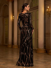 Long Sleeve Sequin A-Line Maxi Evening Dress XJ1962