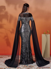 Black Sequin Cape Sleeve Elegant Evening Dress GM00706