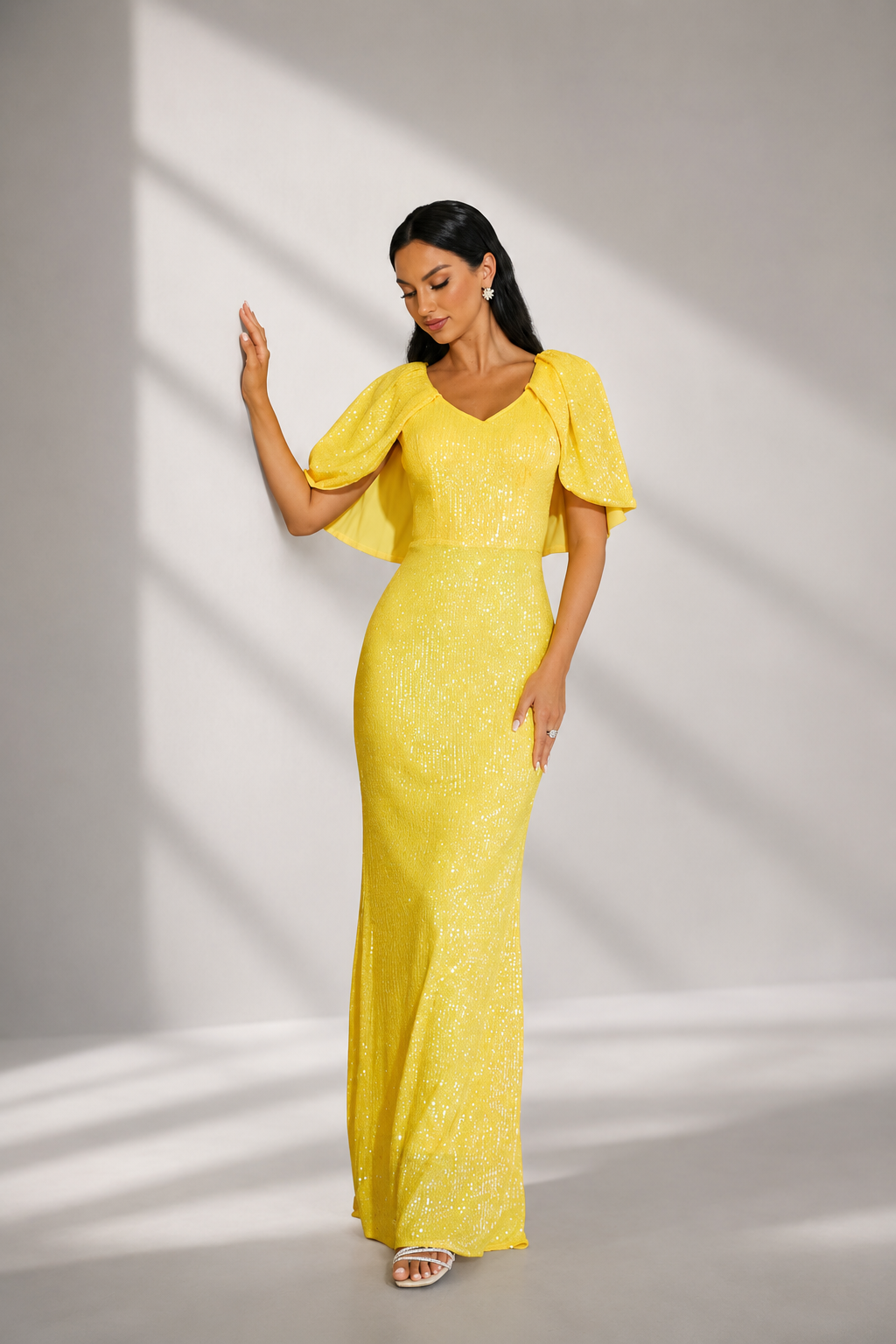 Puncho Back Puff Sleeve Sequin Evening Dress XH2266