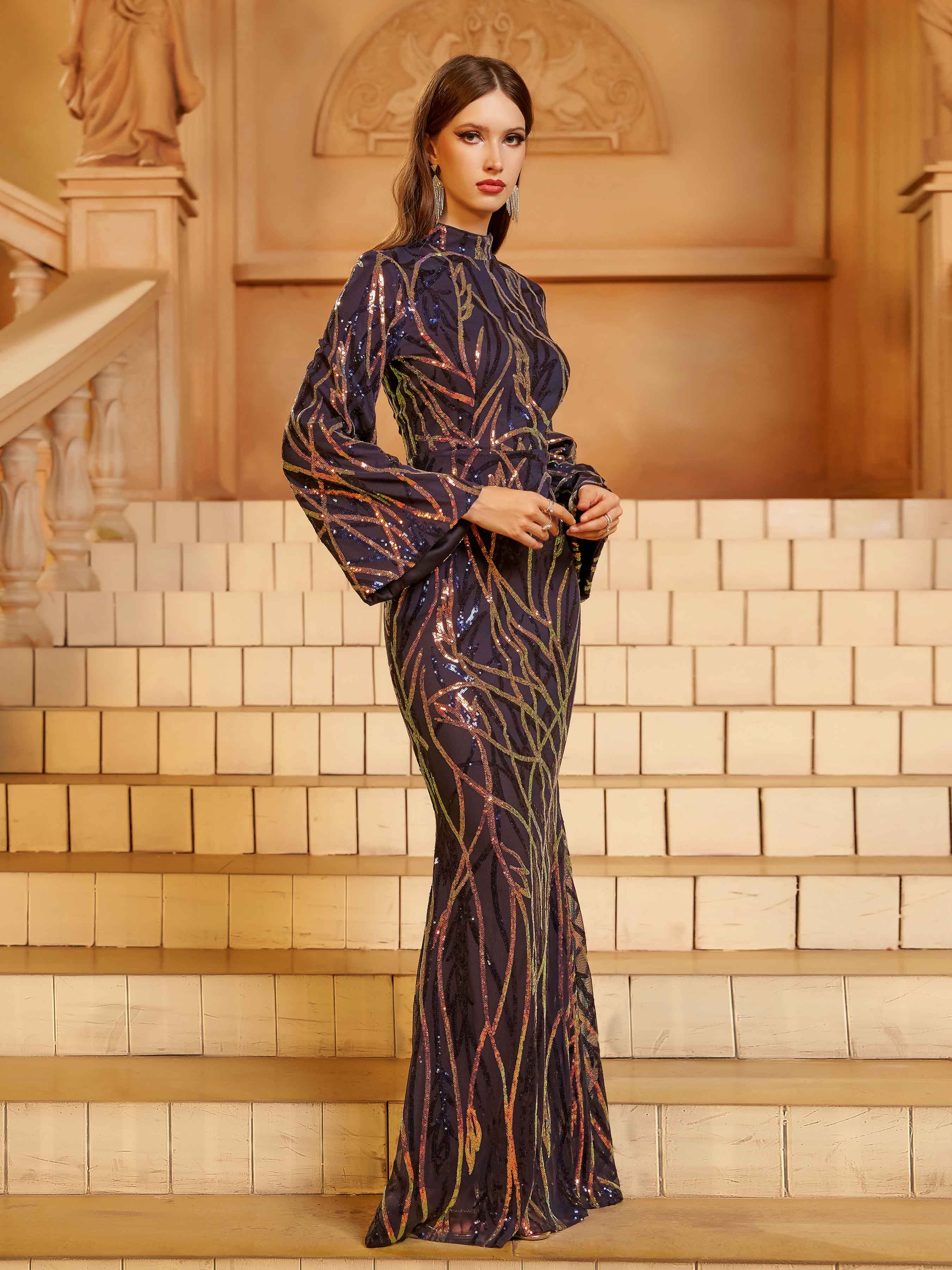 Long Sleeve Blue Maxi Sequin Formal Dress XJ1554