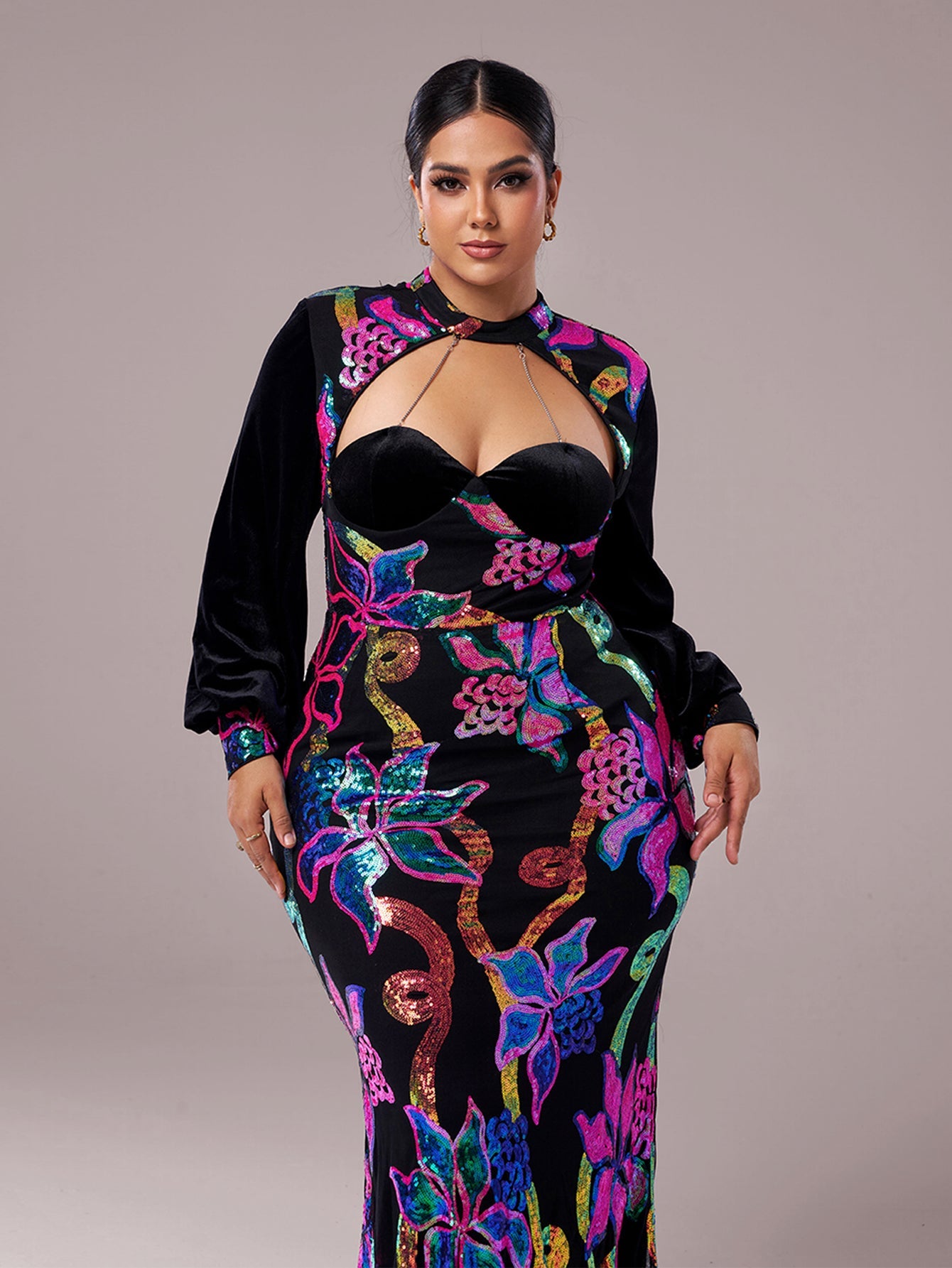 Plus Cutout Lantern Sleeve Mermaid Dress PRJ11296