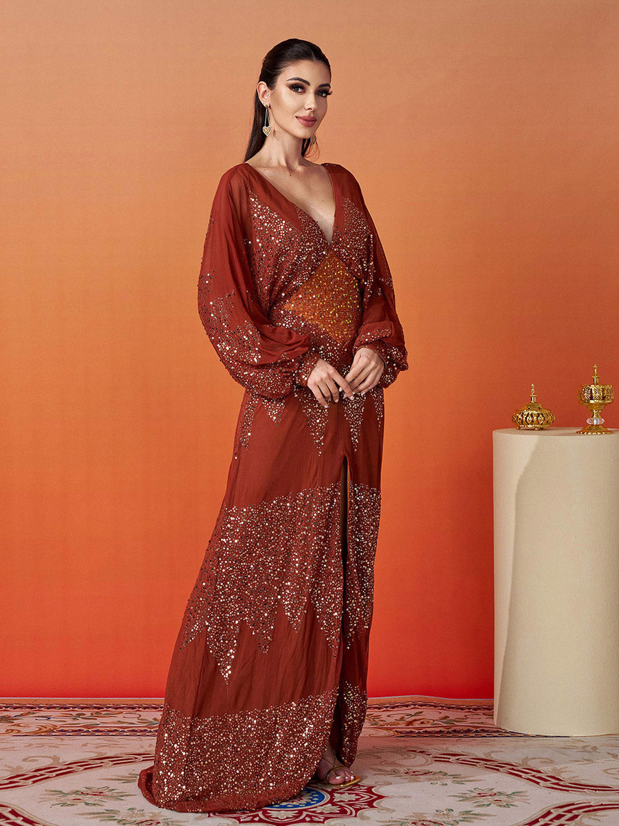Lantern Sleeve V-Neck High Split Black Prom Dress RM21107