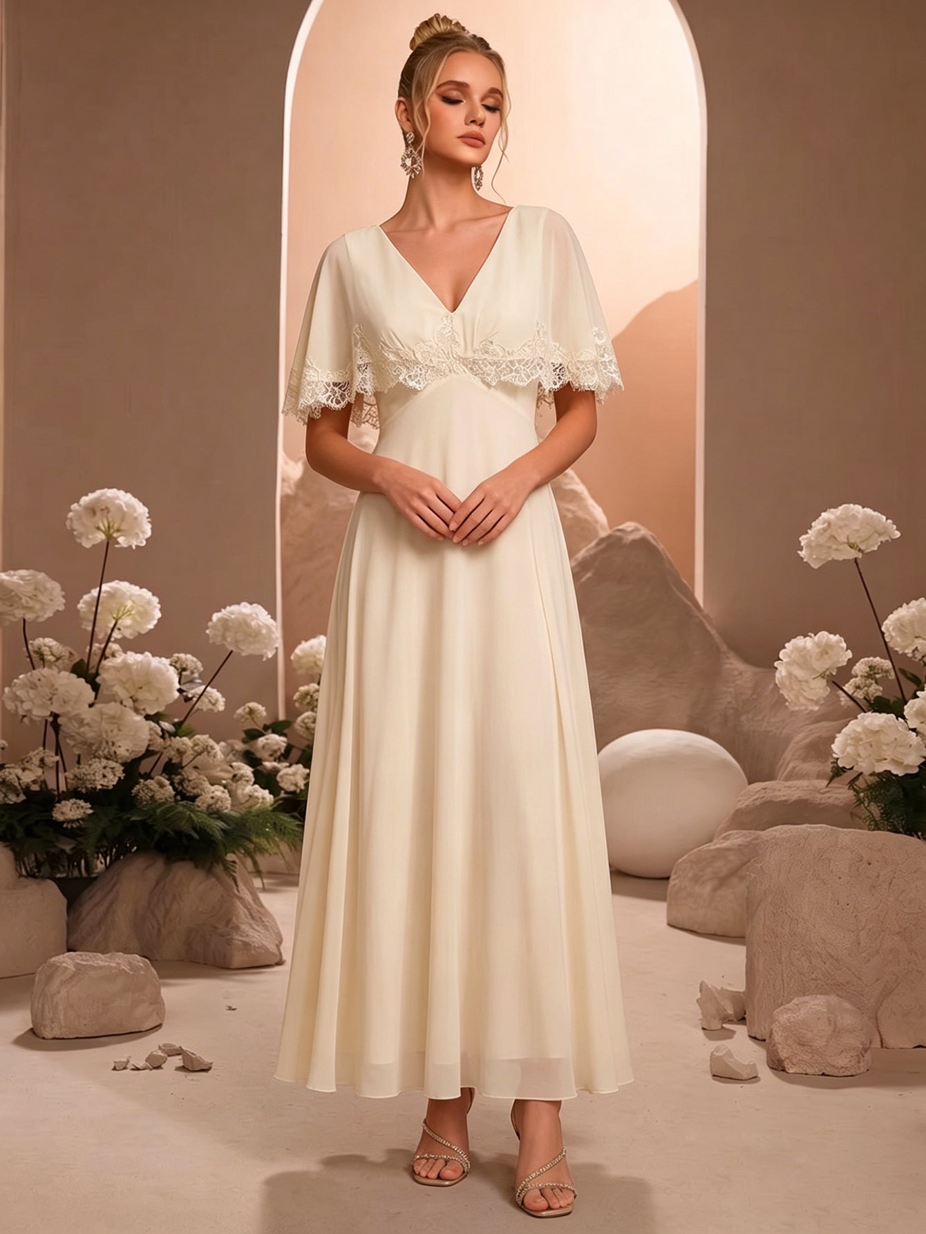 V Neck Lace Cape Chiffon A-Line Bridesmaid Dress SL30556