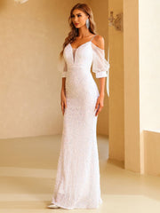 Cold Shoulder Contrast Mesh Puff Sleeve Sequin Wedding Dress M01877
