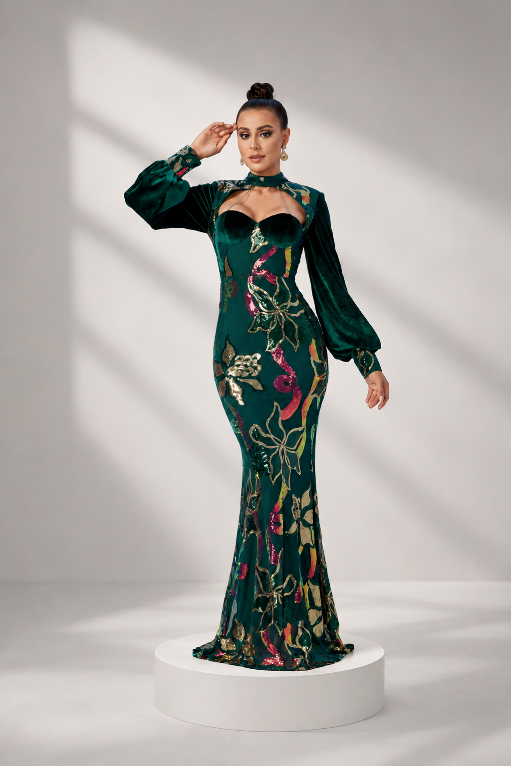 Cutout Lantern Sleeve Mermaid Dress RJ11296