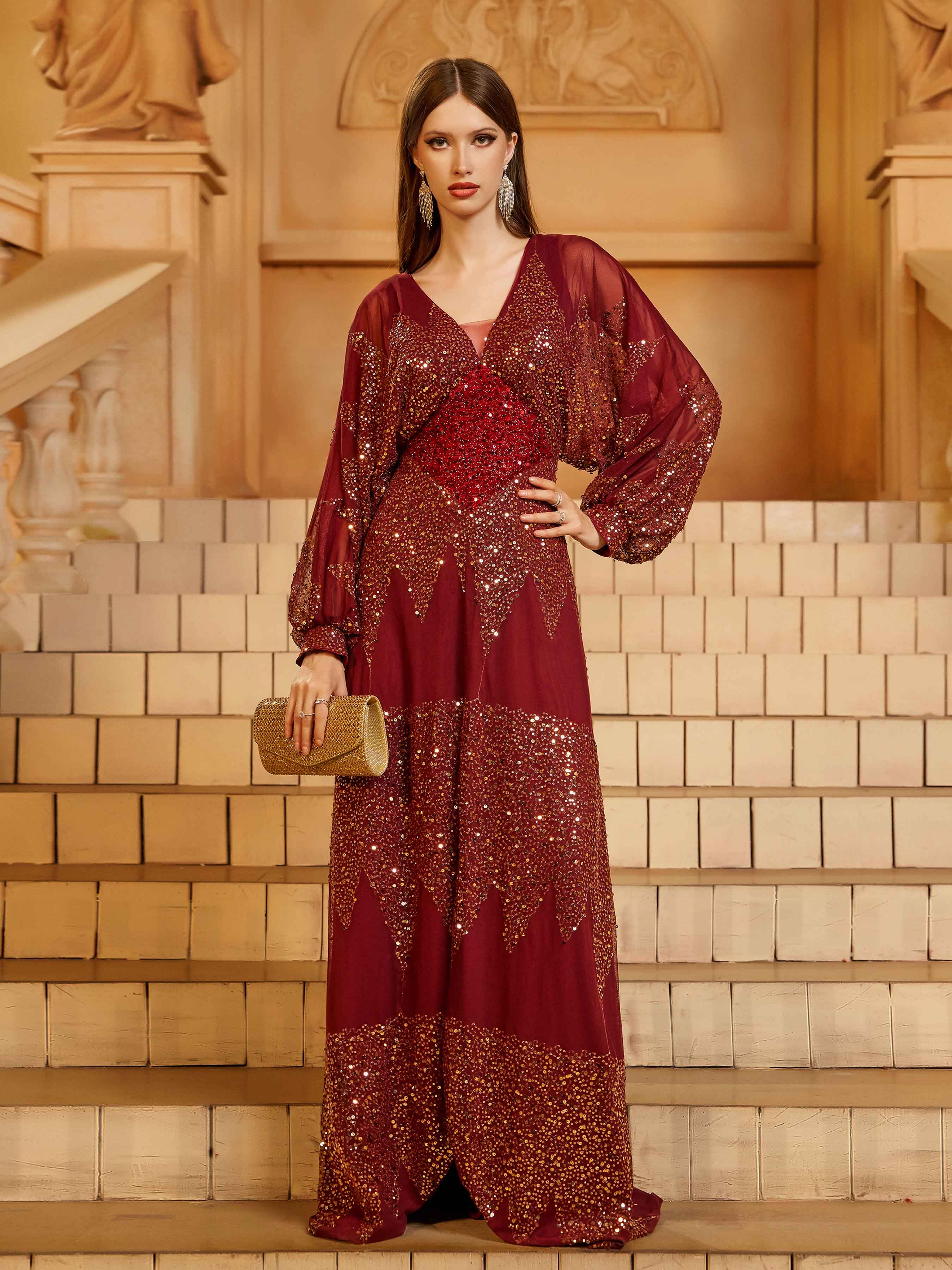 Lantern Sleeve V-Neck High Split Black Prom Dress RM21107