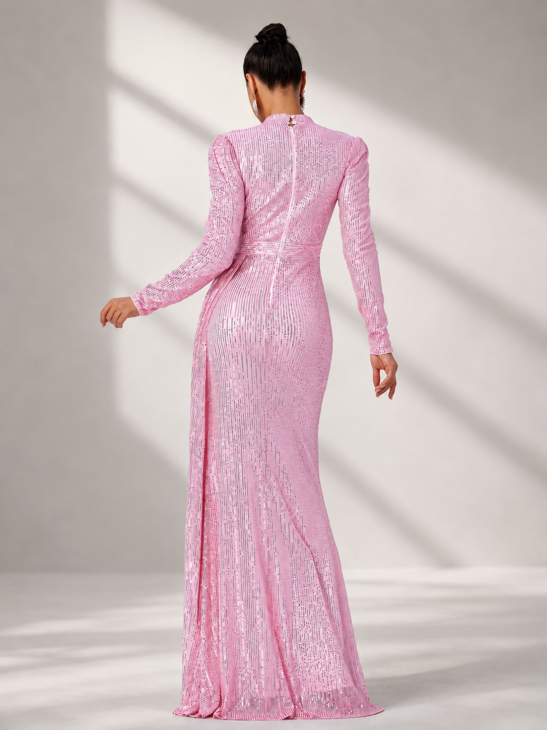 High Neck Long Sleeve Draped Sequin Maxi Evening Dress RJ11834