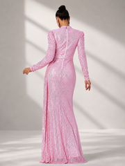 High Neck Long Sleeve Draped Sequin Maxi Evening Dress RJ11834