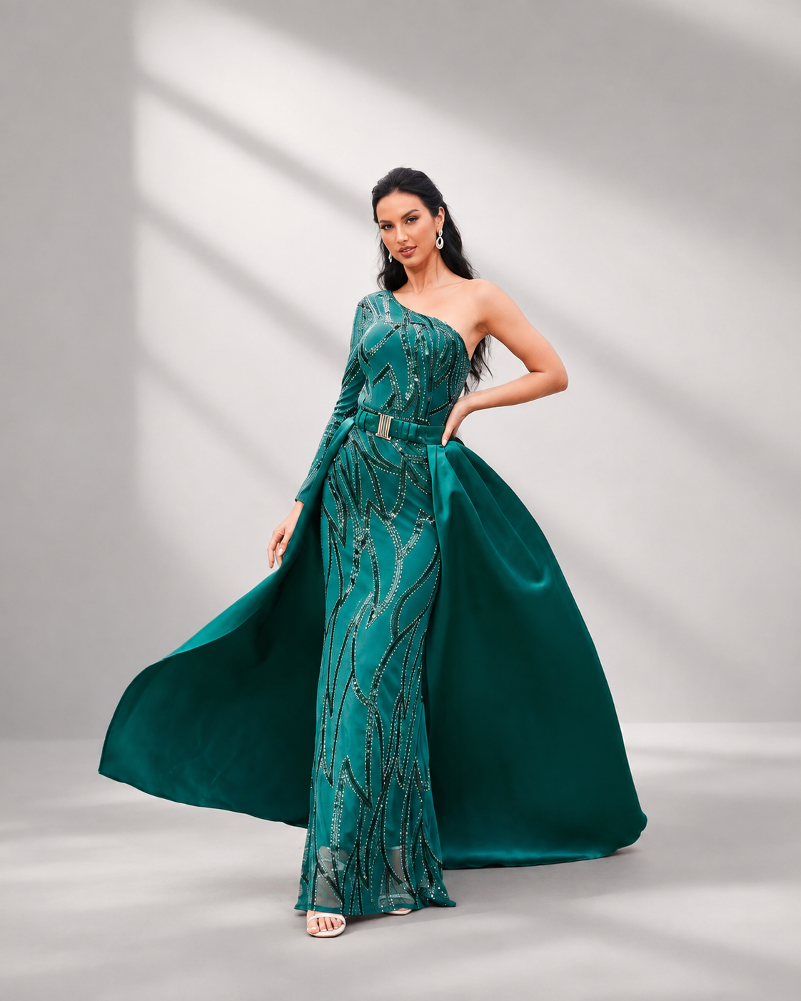 One Shoulder Cloak Sequin Prom Dress XH2172
