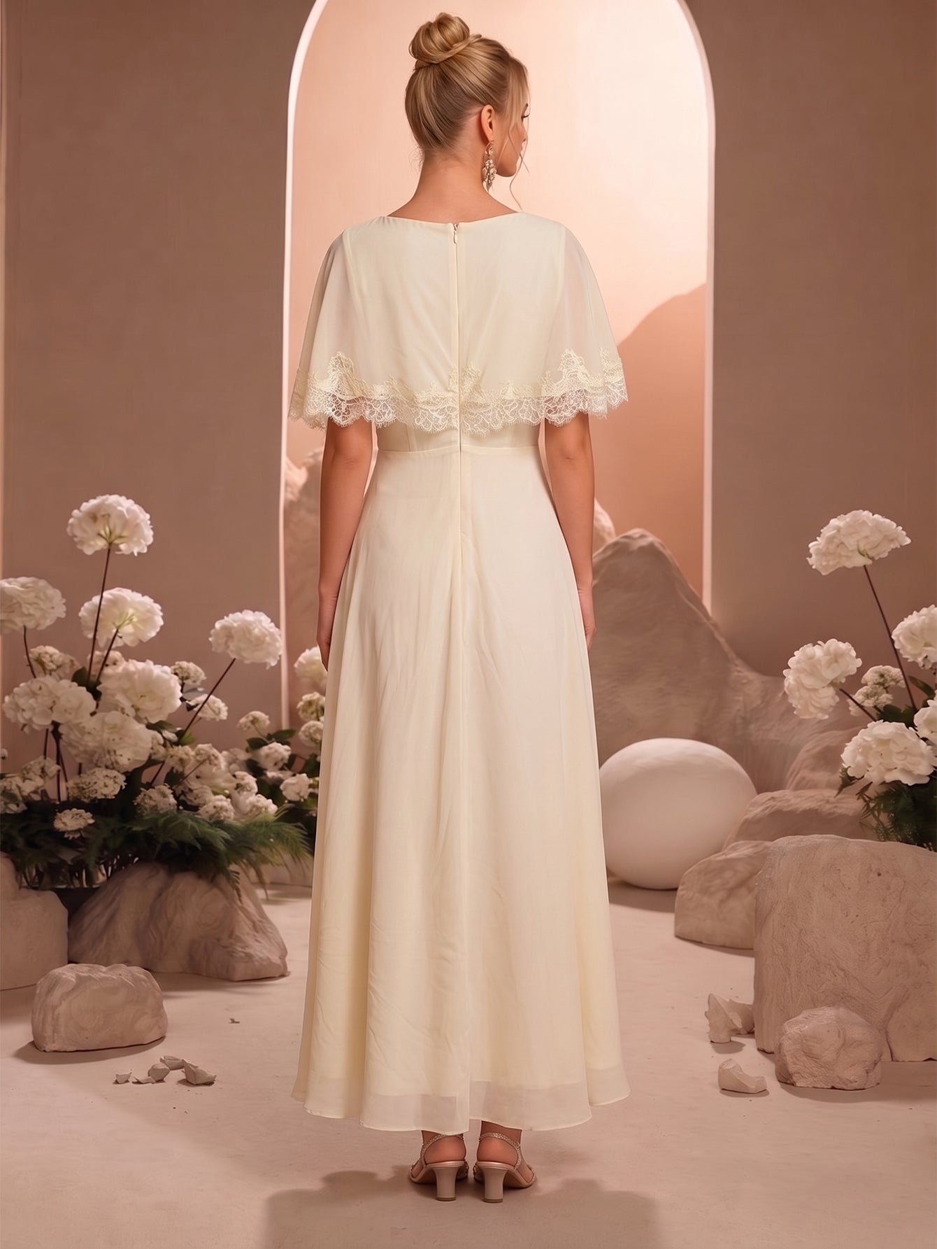 V Neck Lace Cape Chiffon A-Line Bridesmaid Dress SL30556