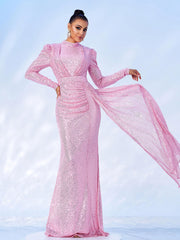High Neck Long Sleeve Draped Sequin Maxi Evening Dress RJ11834