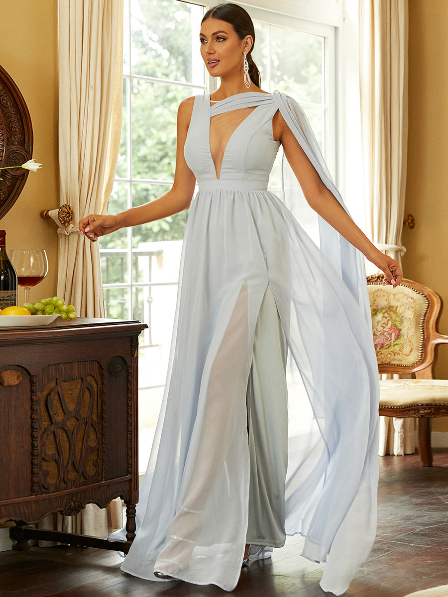Gray Chiffon Cutout Elegant Draped Prom Dress M02083