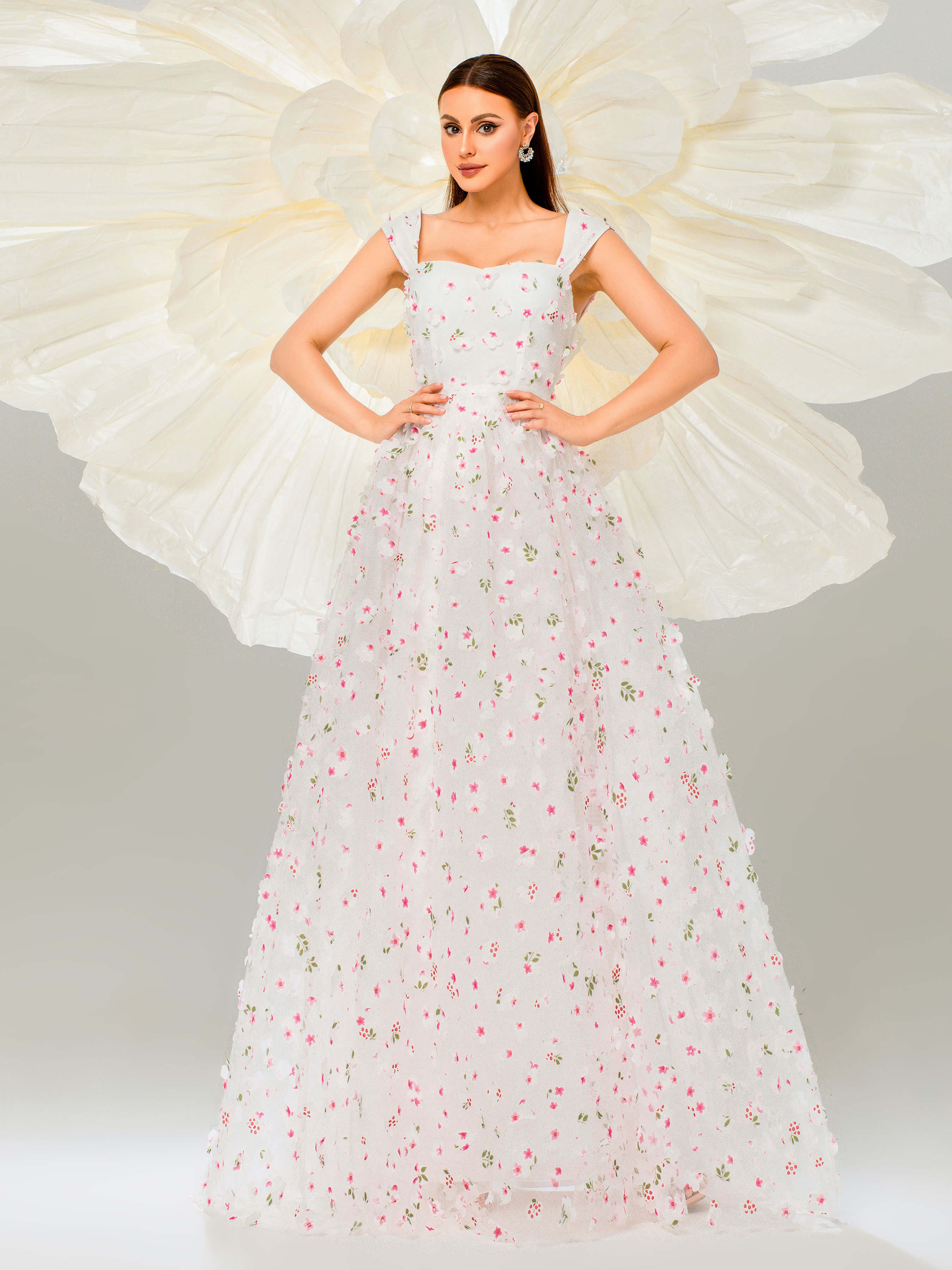 Appliqued Pink Camisole Floral Tulle Dress GM00142
