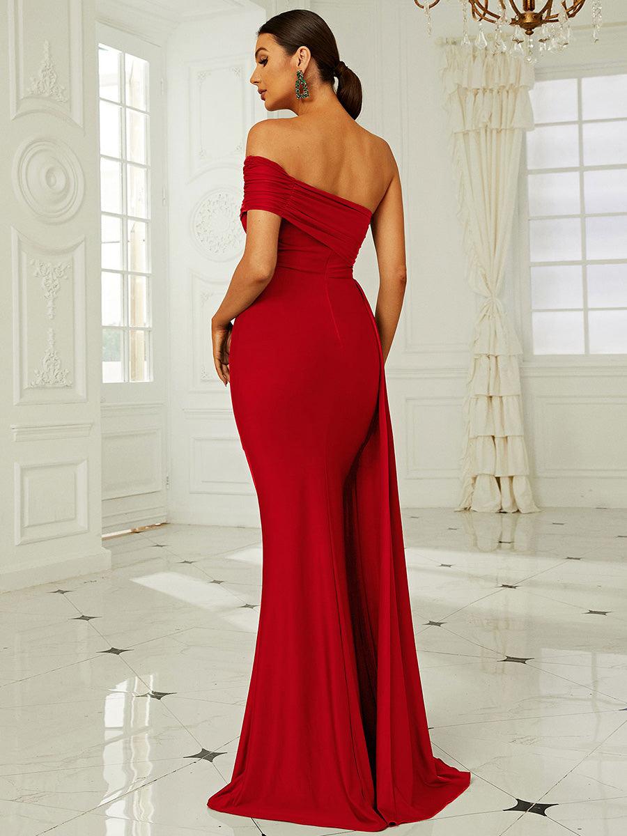 Red Off Shoulder Draping Formal Dress XH2158