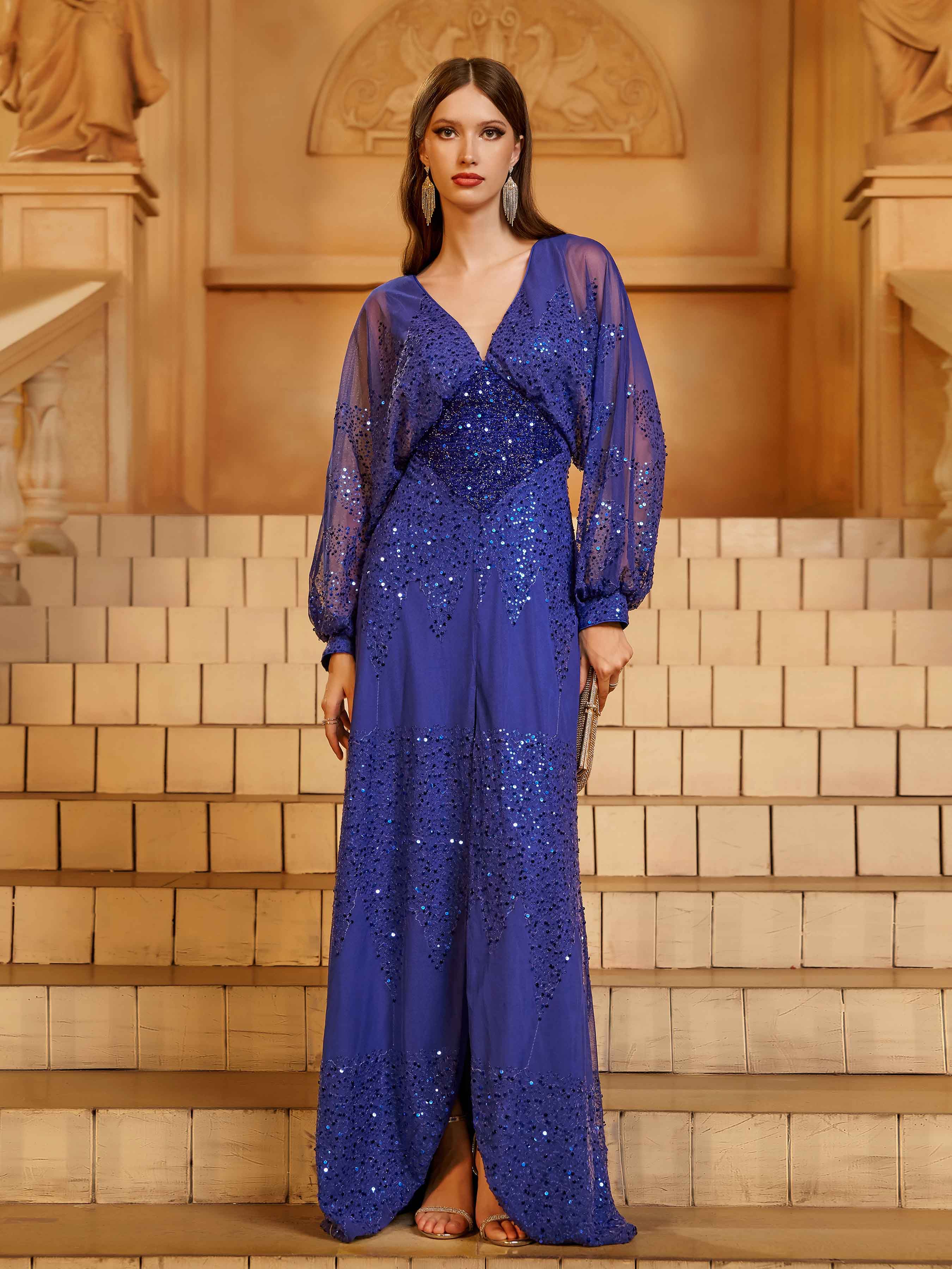 Lantern Sleeve V-Neck High Split Black Prom Dress RM21107