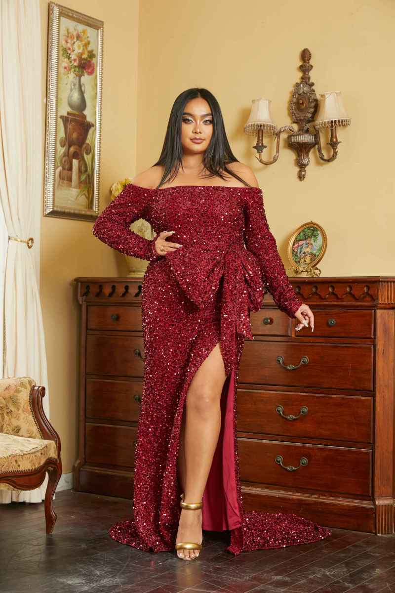 Plus Size Off The Shoulder Bow Knot Split Maxi Evening Dress PXH2122