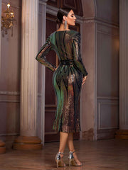Plunging V-Neck Long Sleeve Sequin Bodycon Midi Dress GM01075