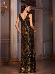 Irregular Striped V-neck High Slit sequin Prom Dress SL30022