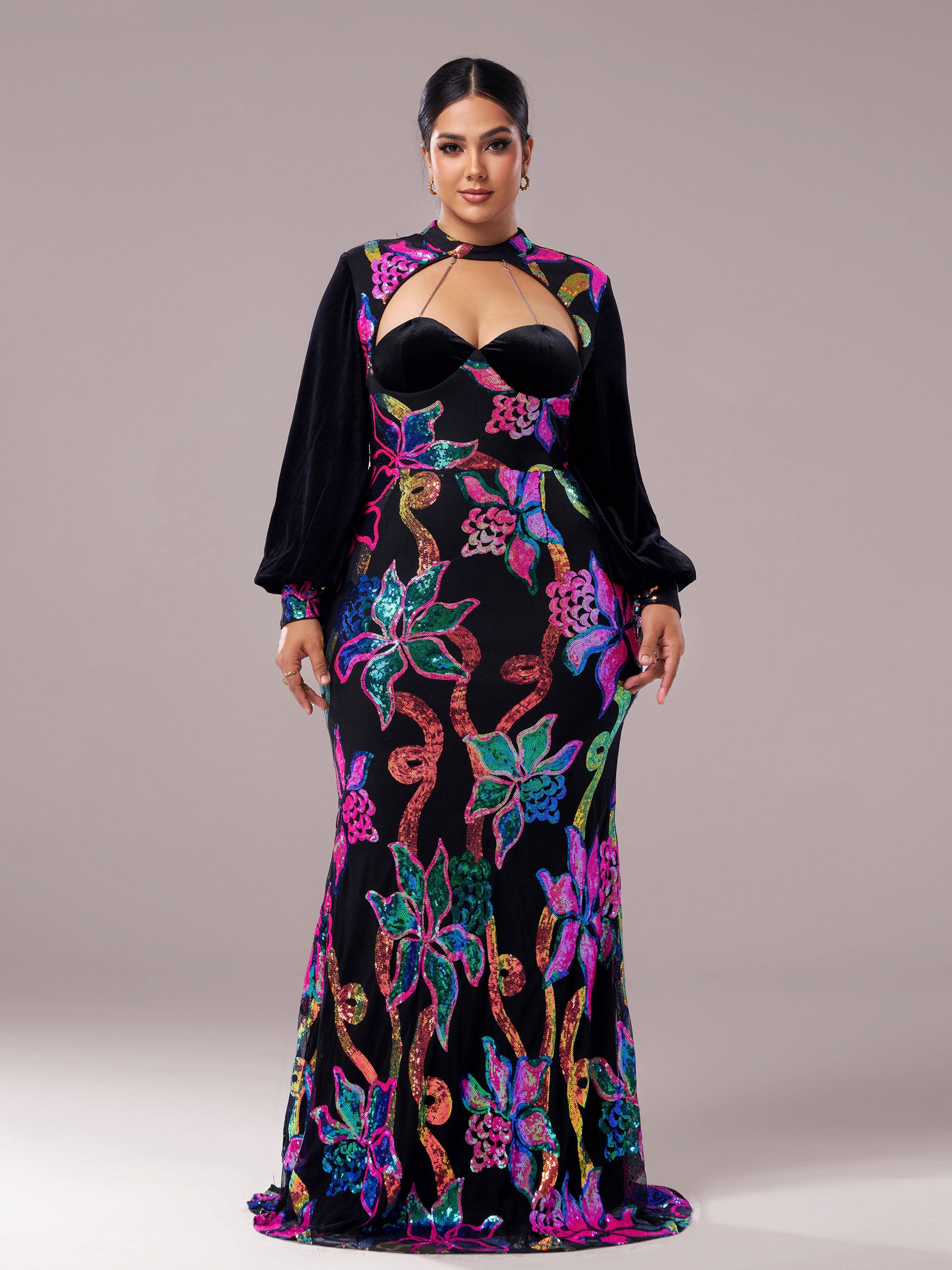 Plus Cutout Lantern Sleeve Mermaid Dress PRJ11296